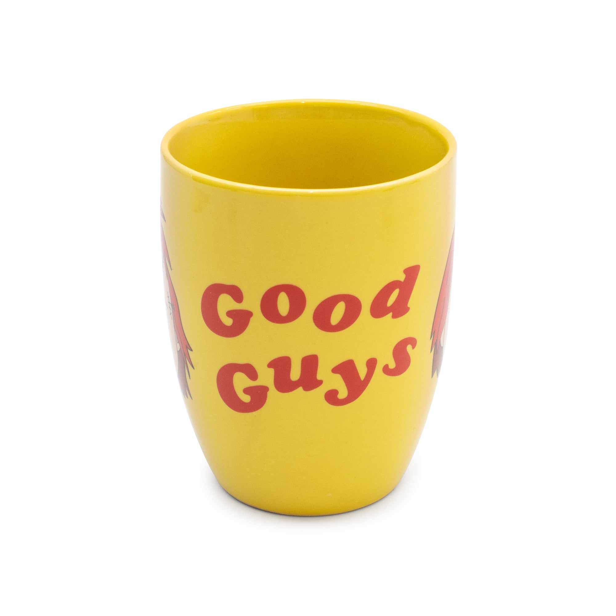 Yellow mug with 'Good Guys' text on a white background