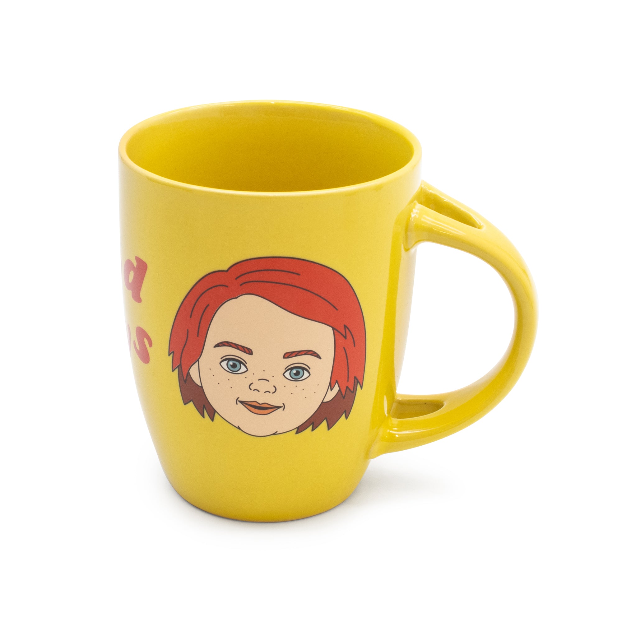 Yellow mug with a cartoon character design on a white background