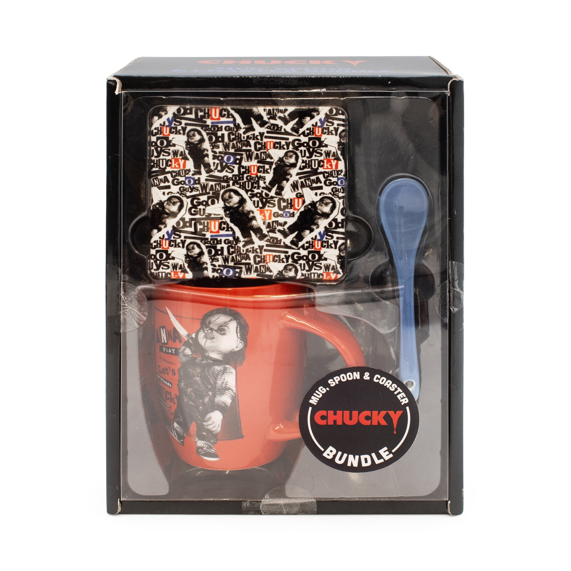 Chucky mug, spoon, and coaster set in packaging