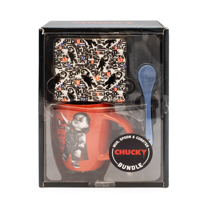 Chucky mug, spoon, and coaster set in packaging