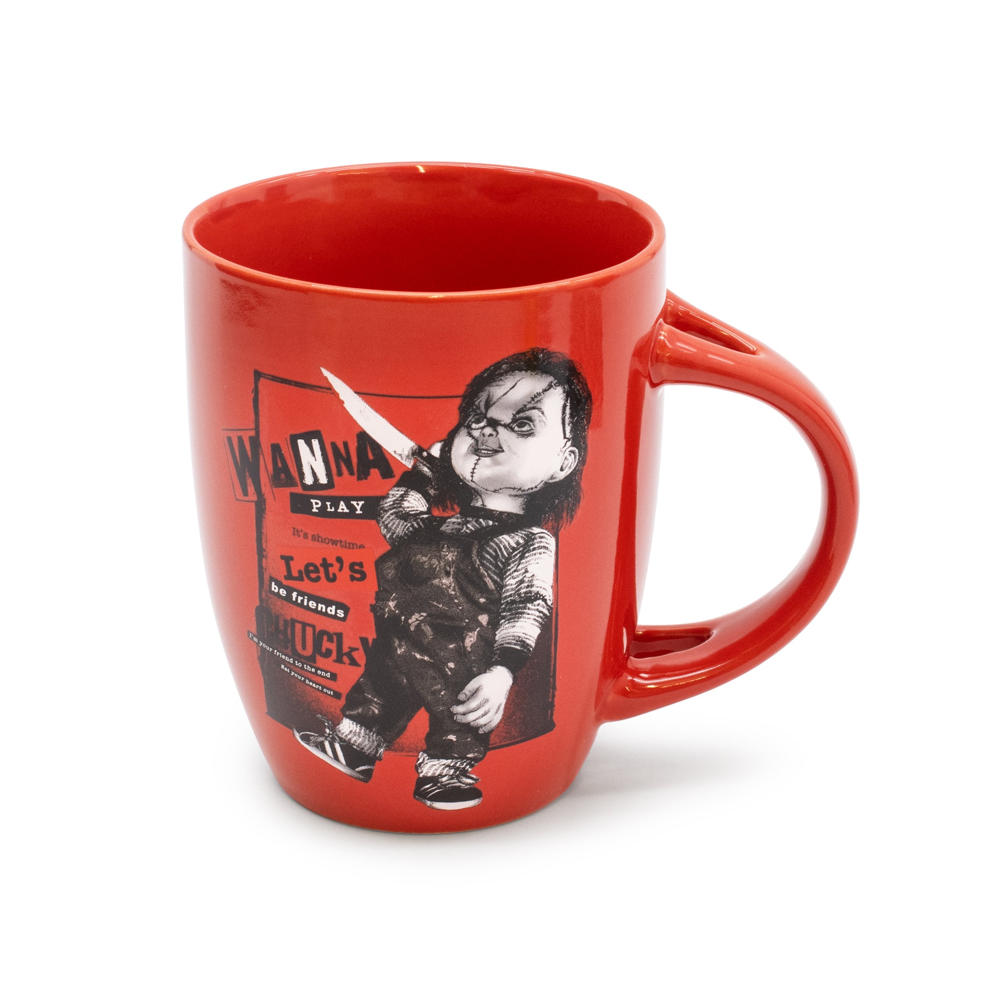 Red mug with a graphic design of a character and text on a white background