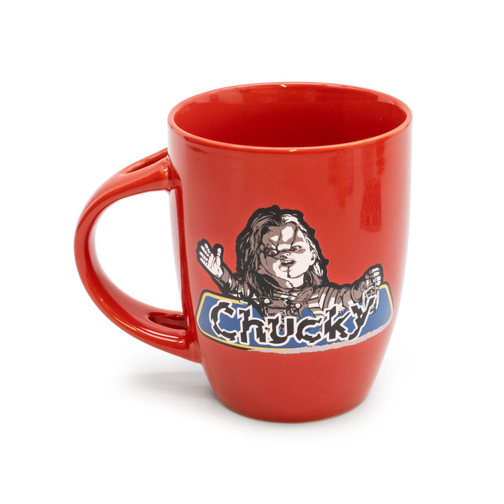 Red mug with a graphic design on a white background