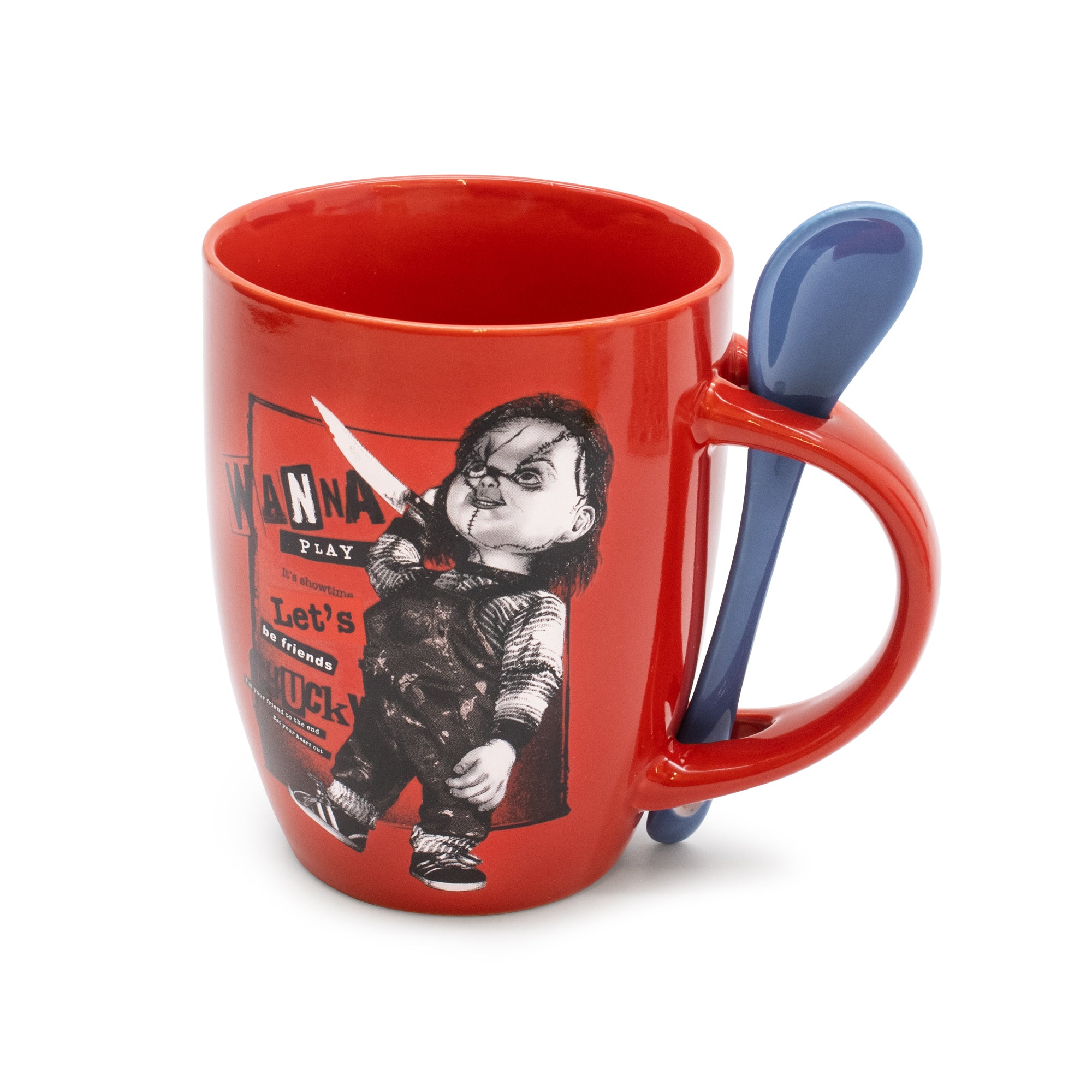 Red mug with a graphic design and blue spoon on a white background