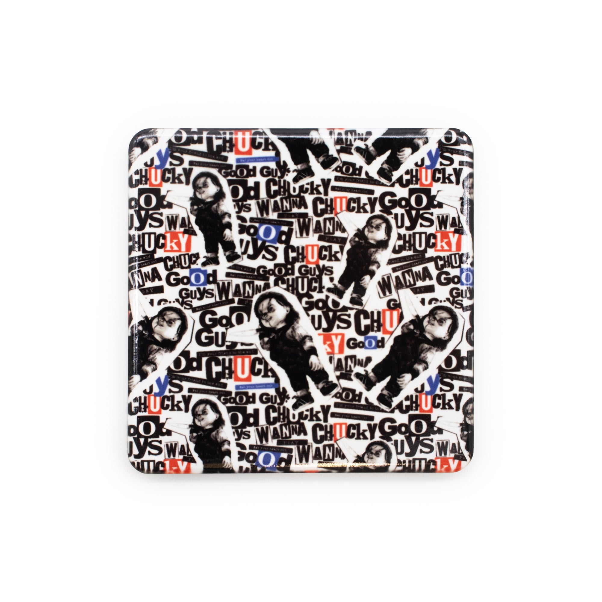 coaster with graphic design of a character and text on a white background