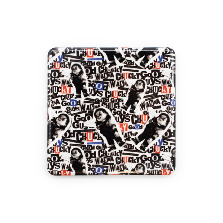 coaster with graphic design of a character and text on a white background