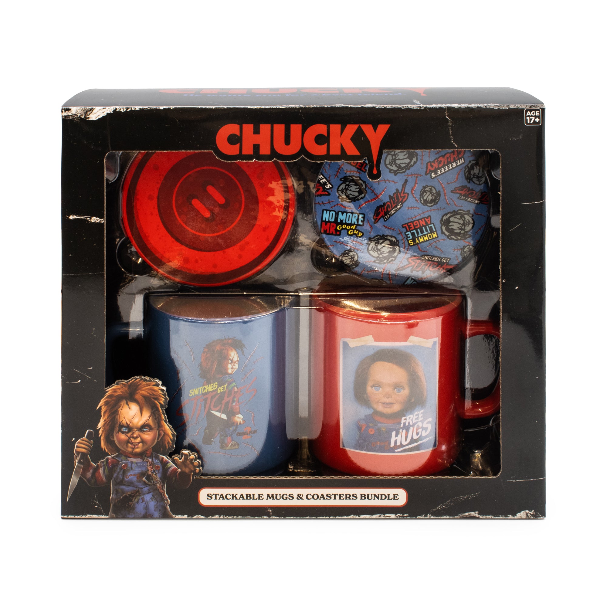 Chucky themed stackable mugs and coasters bundle packaging