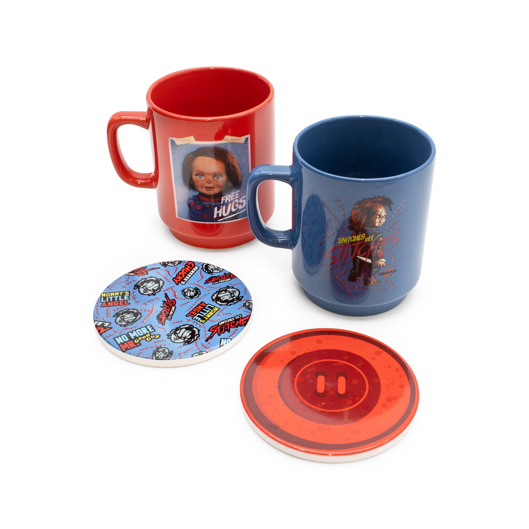 Set of red and blue mugs with a coaster and lid on a white background