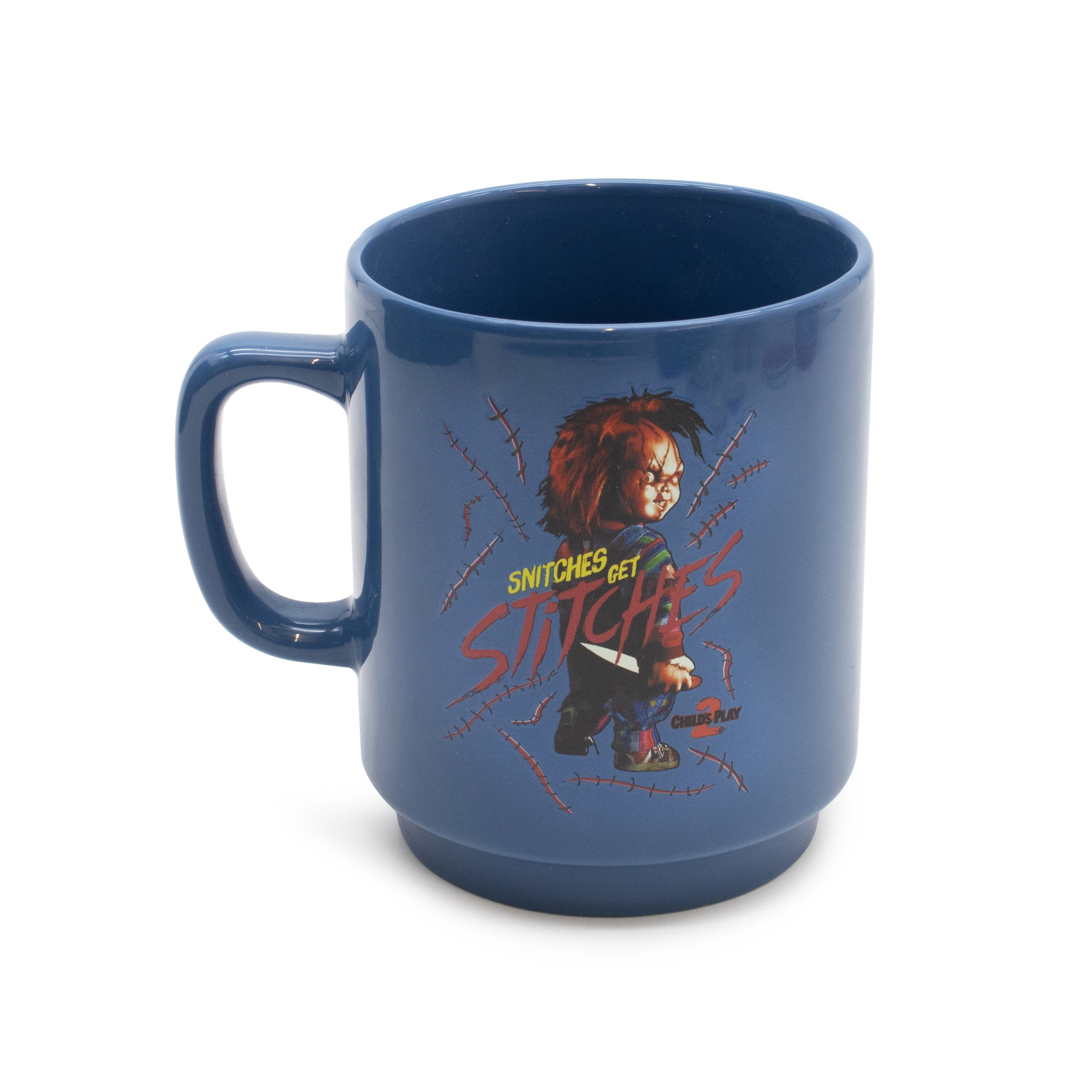 Blue mug with a graphic design featuring a character and text on a white background
