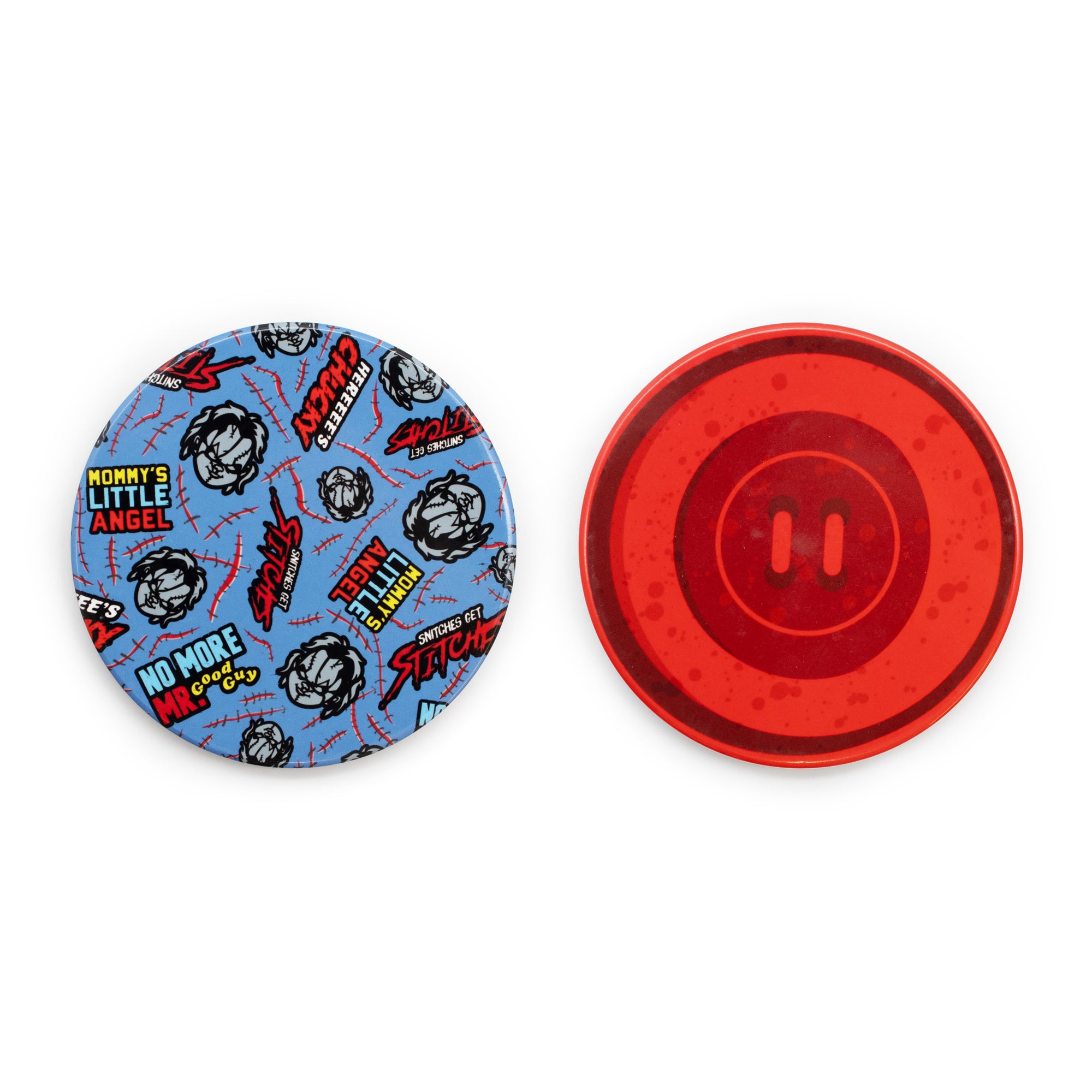 Two coasters, one with a blue background and text, the other red, on a white background.