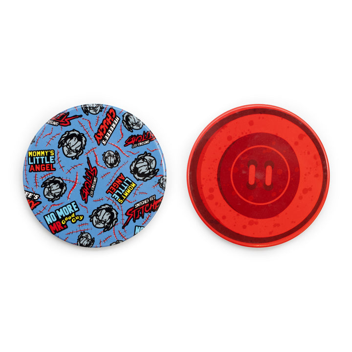 Two coasters, one with a blue background and text, the other red, on a white background.