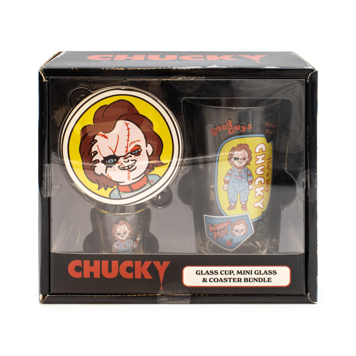 Chucky-themed glass cup, mini glass, and coaster set in packaging