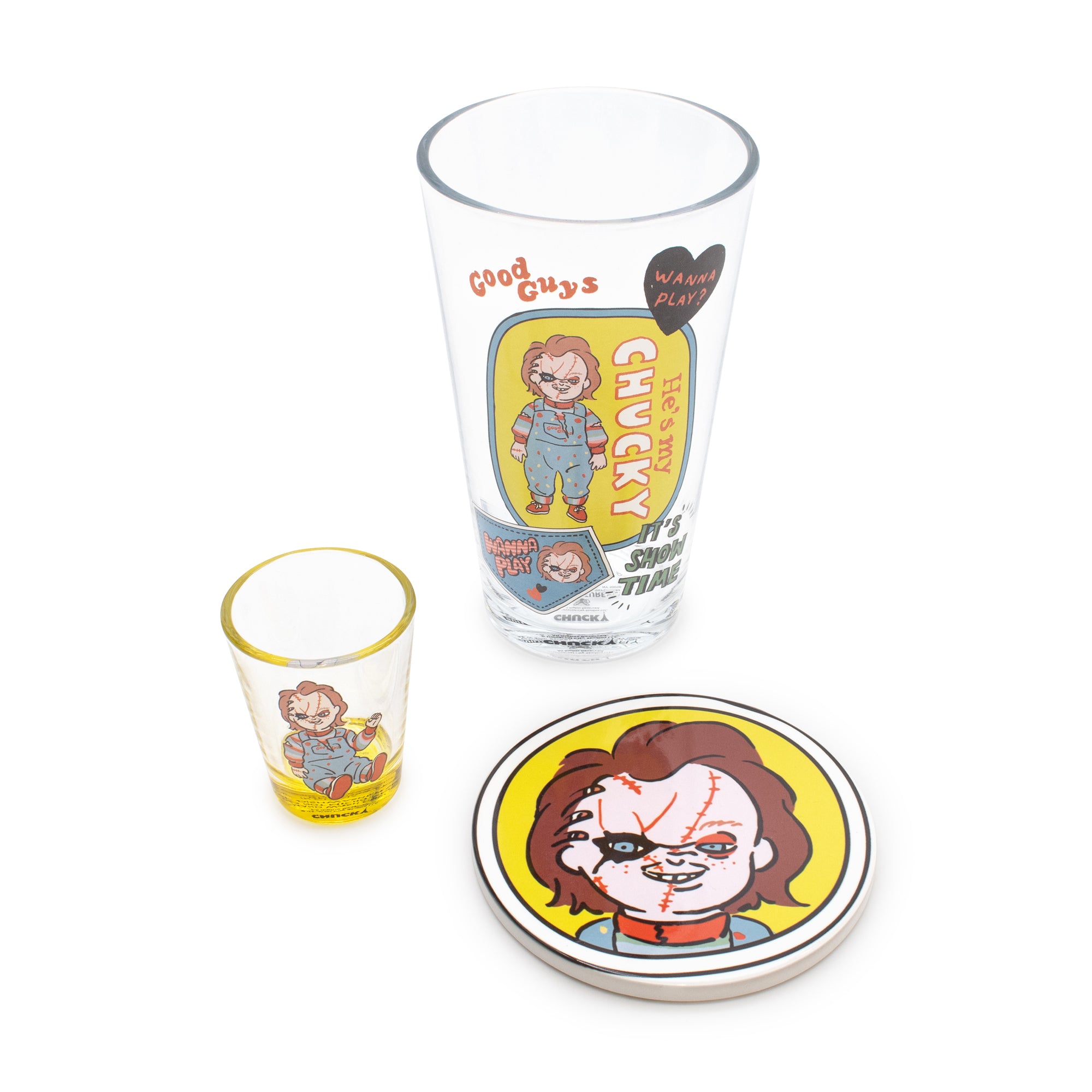 Set of glassware with cartoon character design on a white background