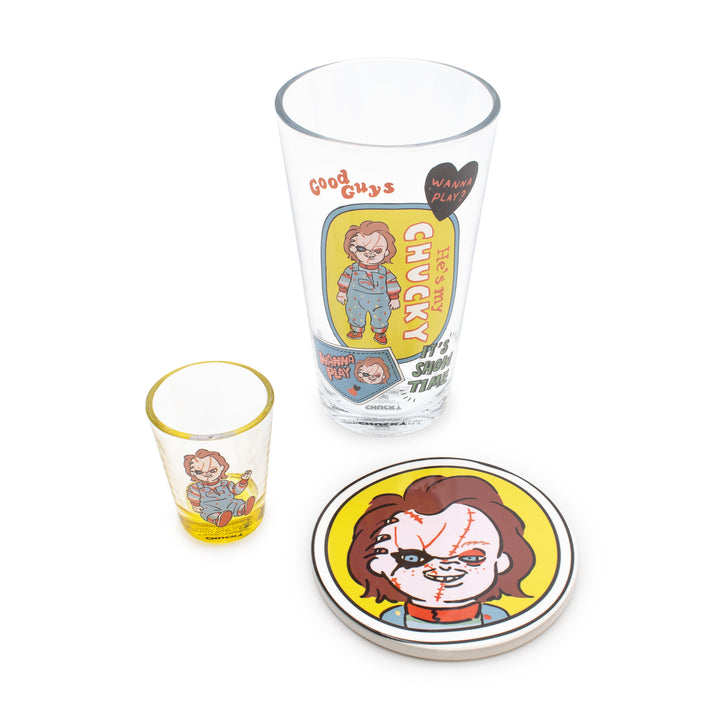 Set of glassware with cartoon character design on a white background