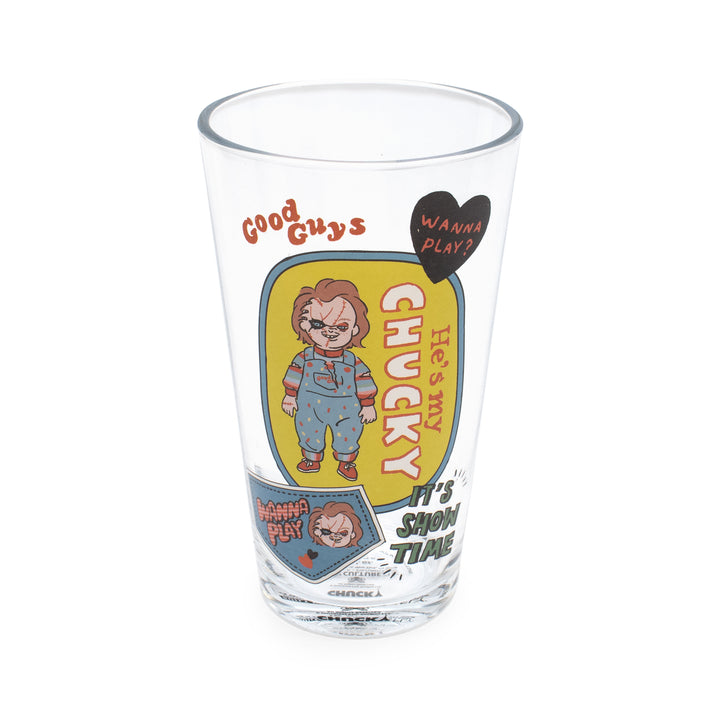 Clear glass with Chucky character design on a white background