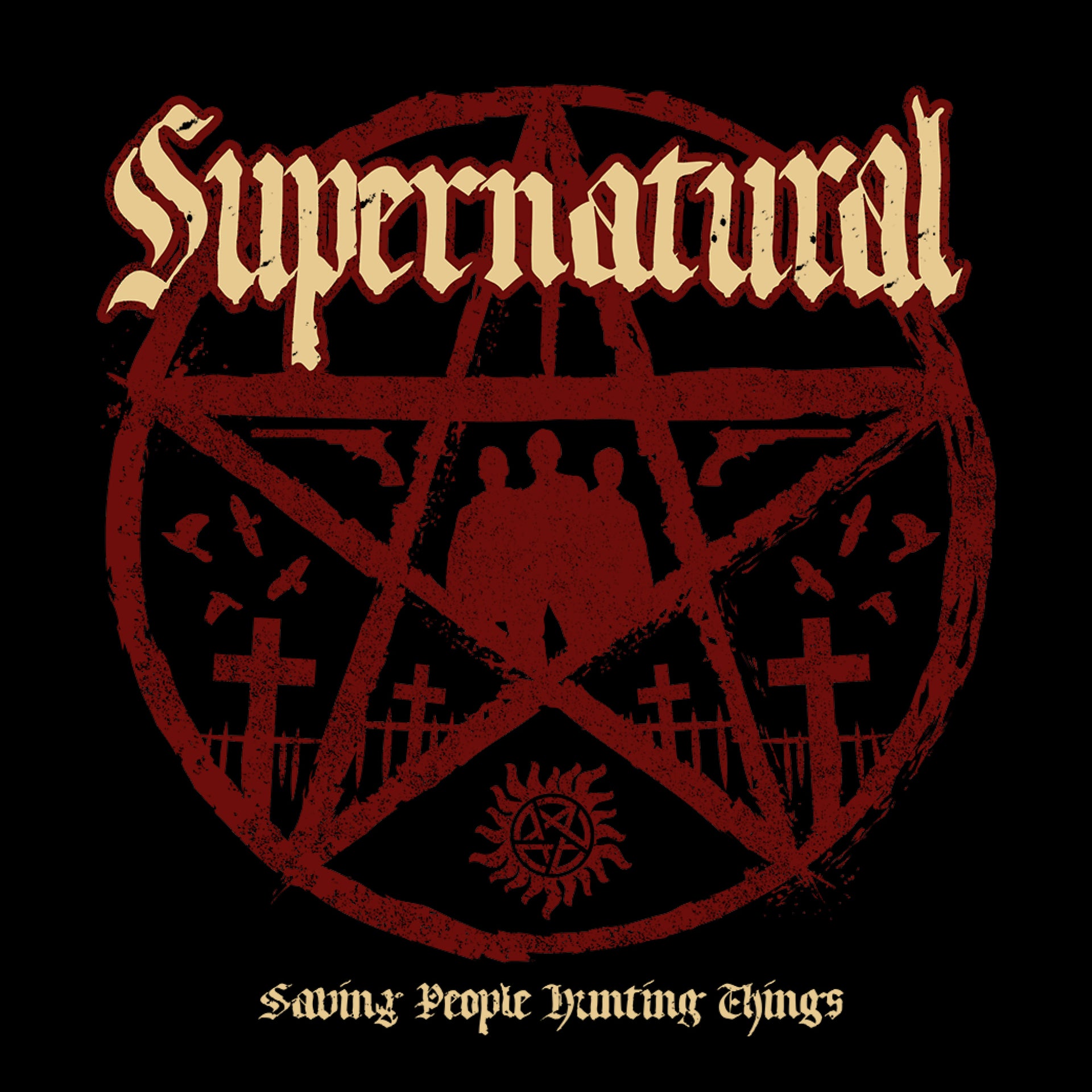 image on shirt: devils trap with crosses and crows between lines. silhouette of dean, sam, and castiel. supernatural symbol. text: supernatural saving people hunting things 