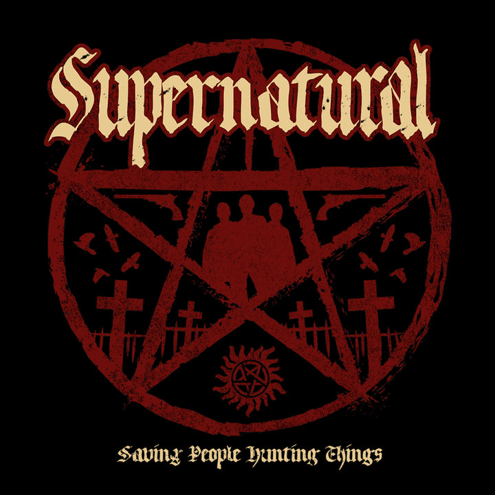 image on shirt: devils trap with crosses and crows between lines. silhouette of dean, sam, and castiel. supernatural symbol. text: supernatural saving people hunting things 