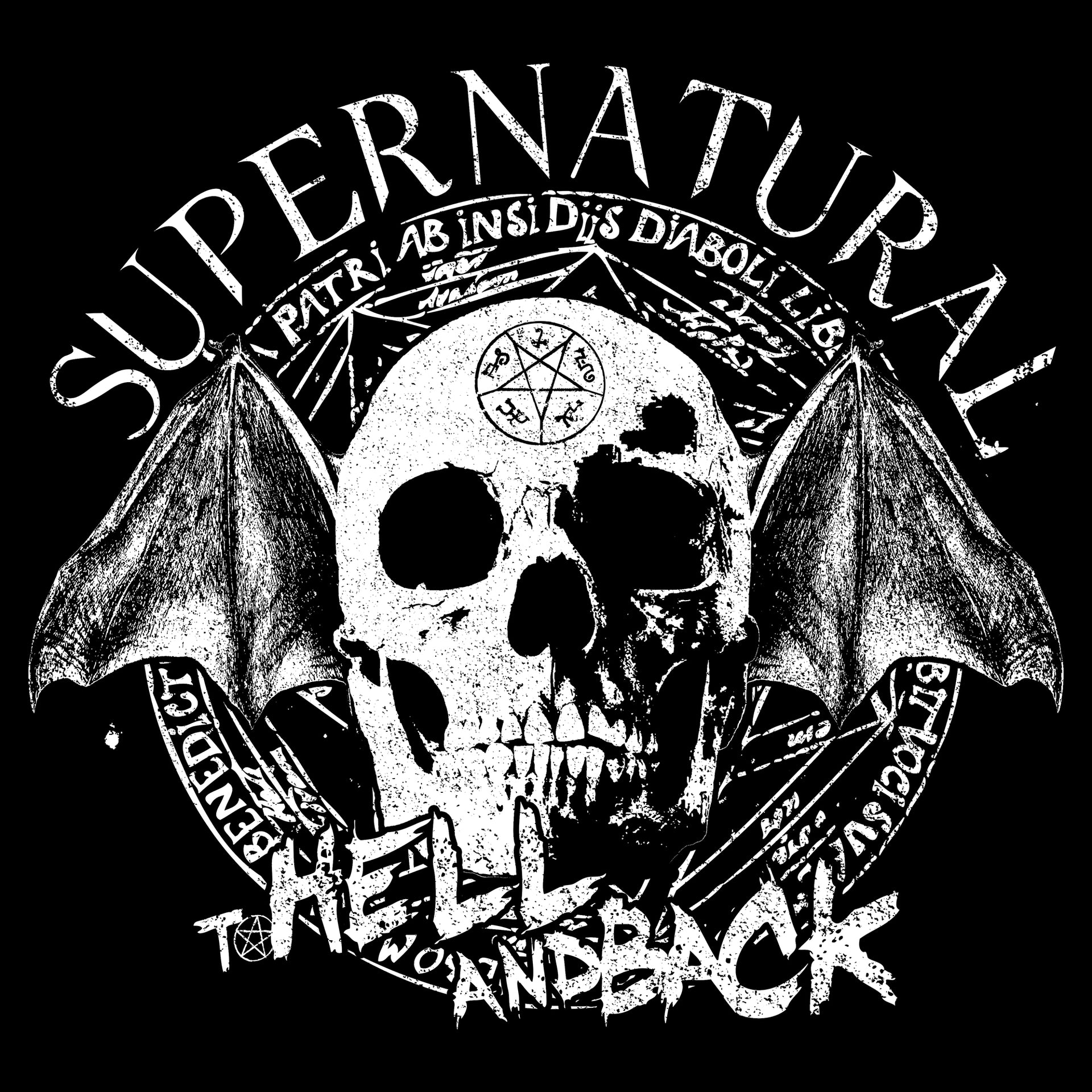 image on shirt: skull with bat wings. devil trap symbol in forehead of skull. devil scribe in a circle around the skull. text: supernatural. to hell and back.