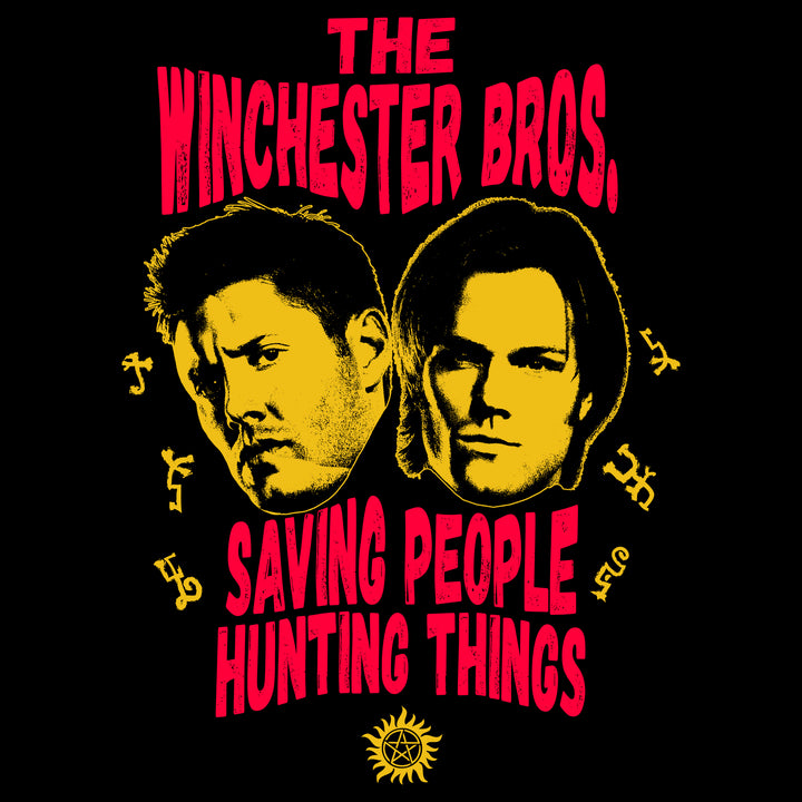 close up of image on back: dean and sam winchester's faces. supernatural symbols. text: the winchester bros. saving people hunting things.