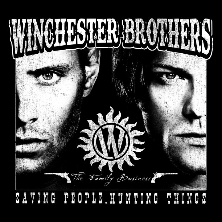image on shirt: left side is half of dean winchesters face. right side is half of sam winchesters face. winchester supernatural symbol. text: winchester brothers. the family business. saving people. hunting things.