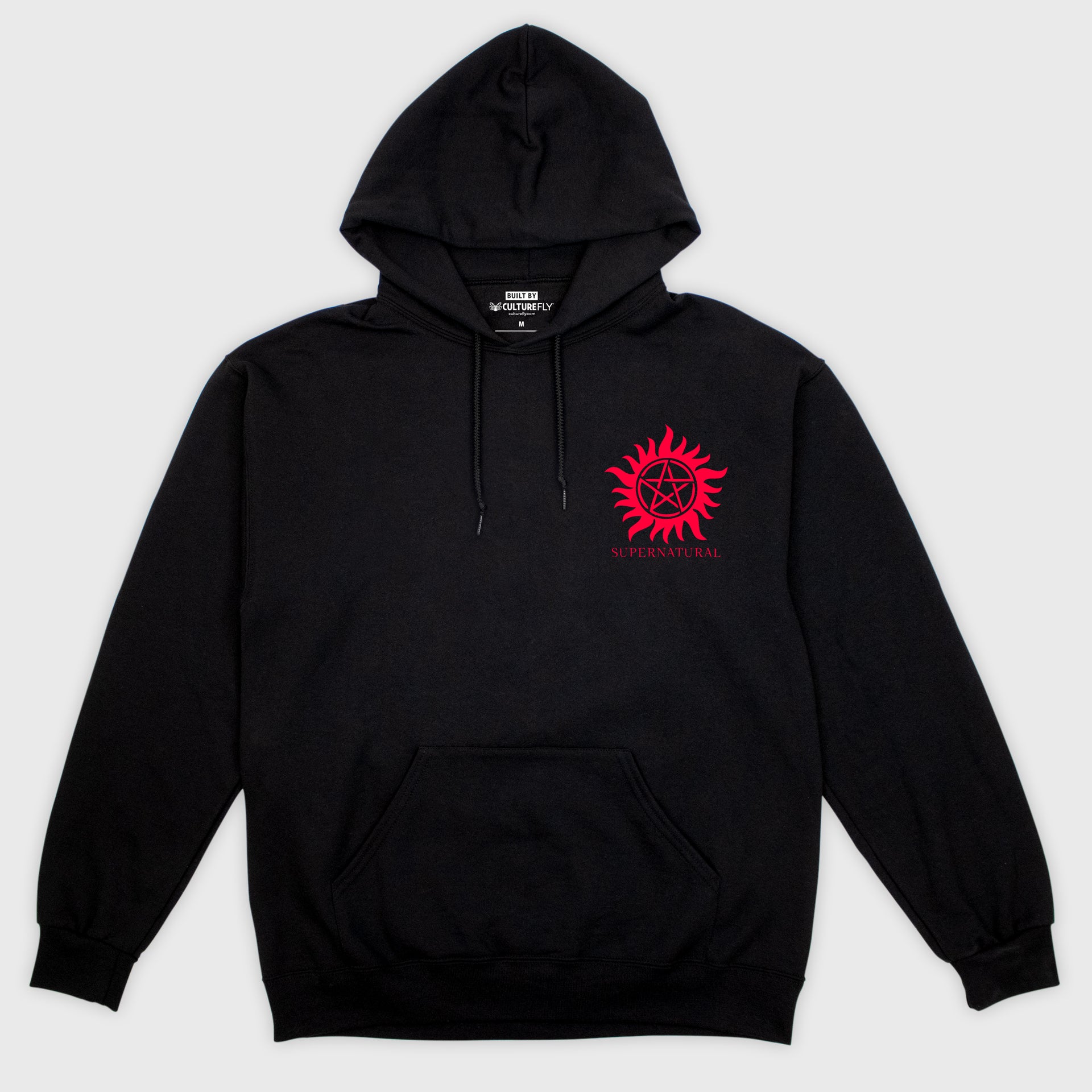 supernatural winchester bros hoodie front. image on front pocket: supernatural star symbol. text under symbol: supernatural
