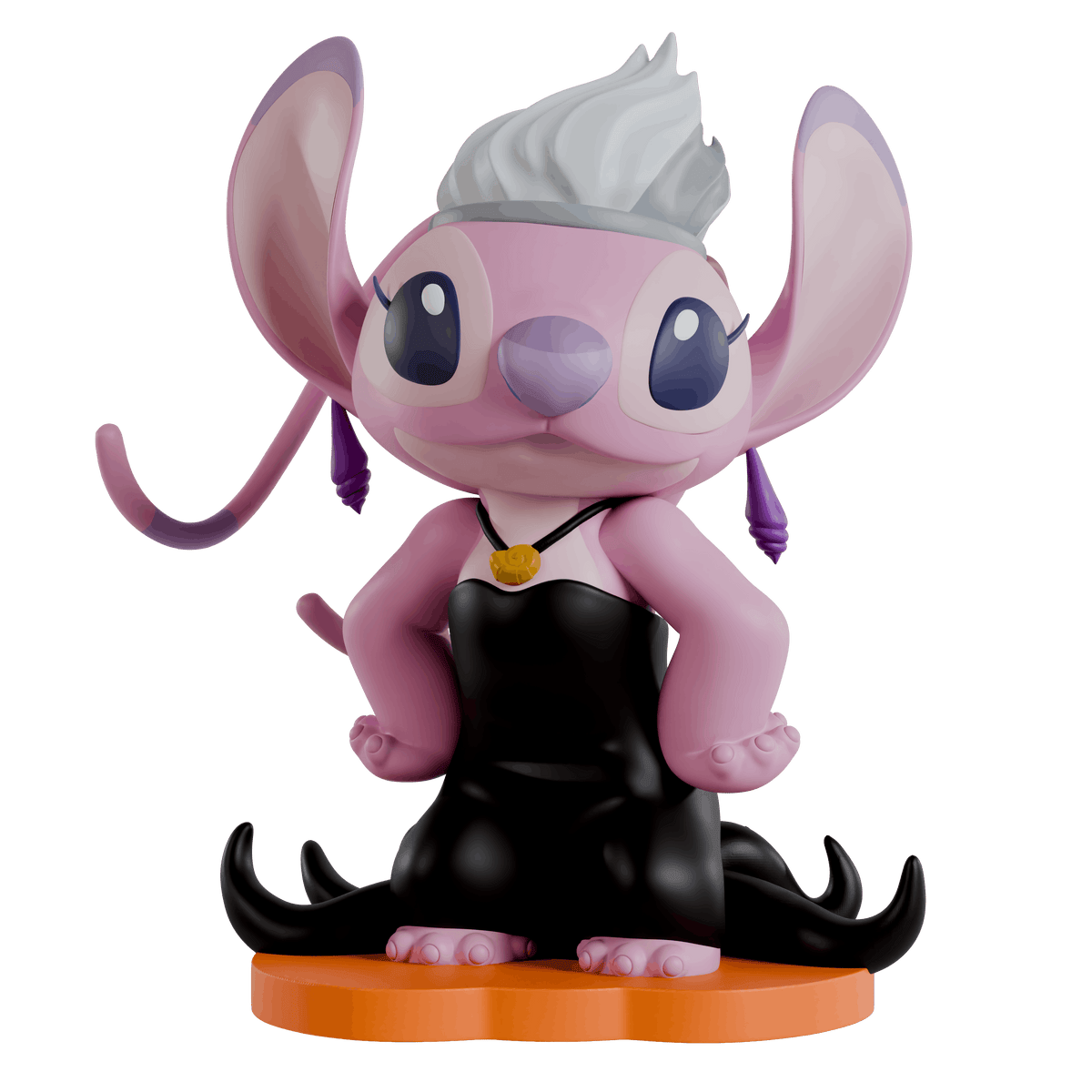 A stylized collectible figurine of a pink cartoon creature with large ears, purple ear tips, a gray spiky hairpiece, and a black dress, posed on an orange base against a plain white background.