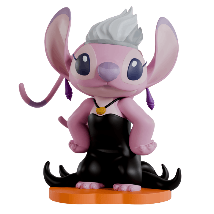 A stylized collectible figurine of a pink cartoon creature with large ears, purple ear tips, a gray spiky hairpiece, and a black dress, posed on an orange base against a plain white background.