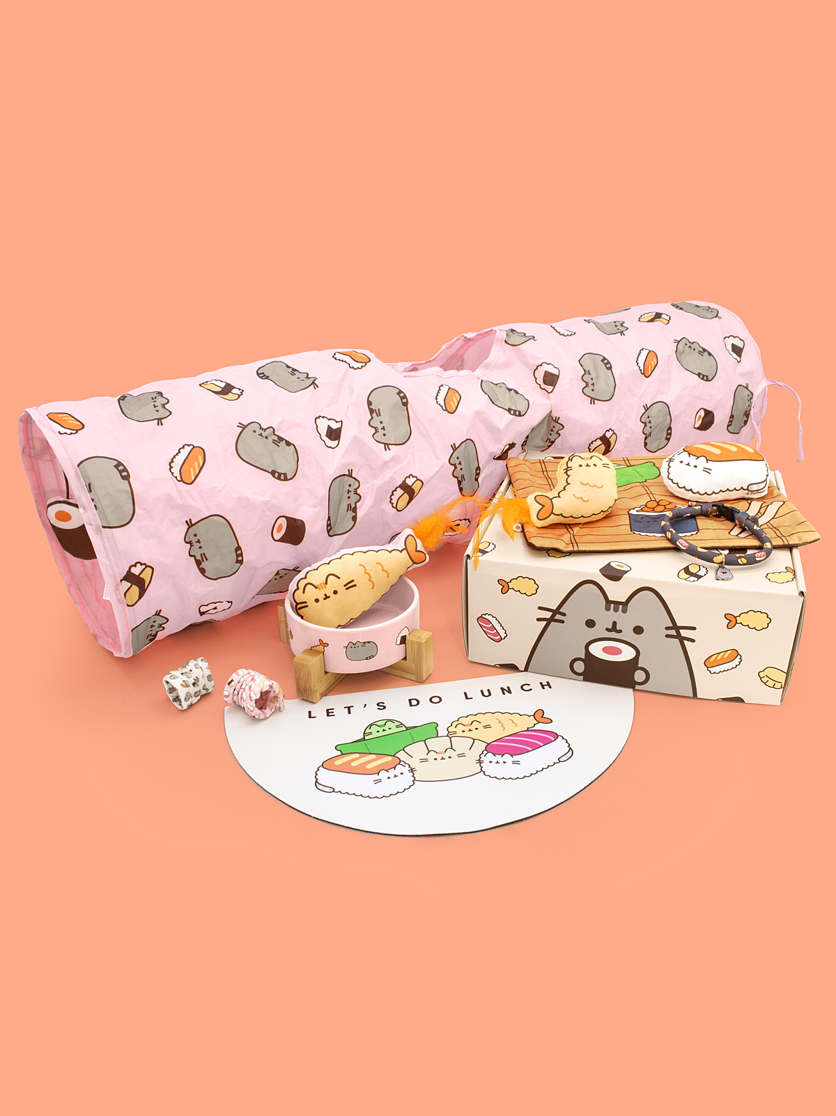 cat kit spring 2026 full reveal. cat tunnel, cat play plush mat, food mat, shrimp tempura feathered kicker toy, 2 spring toys, collar, ceramic bowl with stand