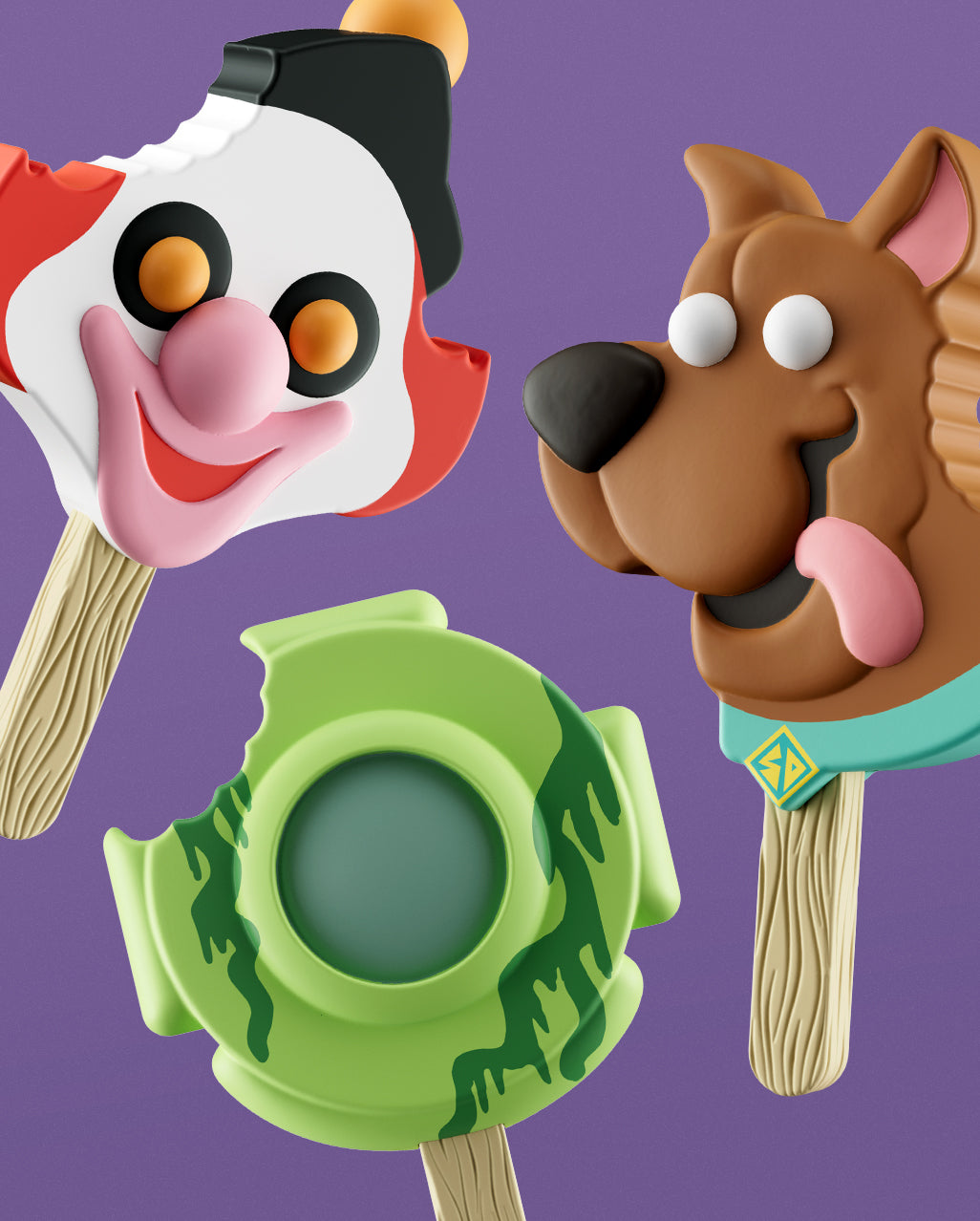 3 scooby doo meltz collectible figures. clown, diver, scooby doo