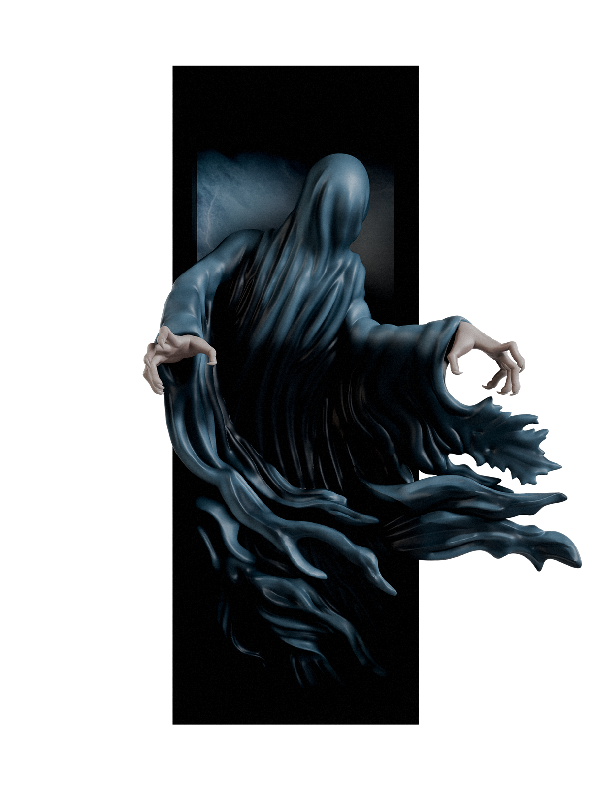 ghostly style figure in a dark, enclosed space with a white background