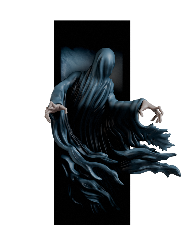 ghostly style figure in a dark, enclosed space with a white background