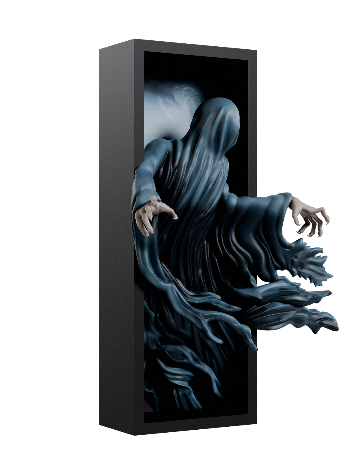 ghostly style figure in a dark, enclosed space with a white background