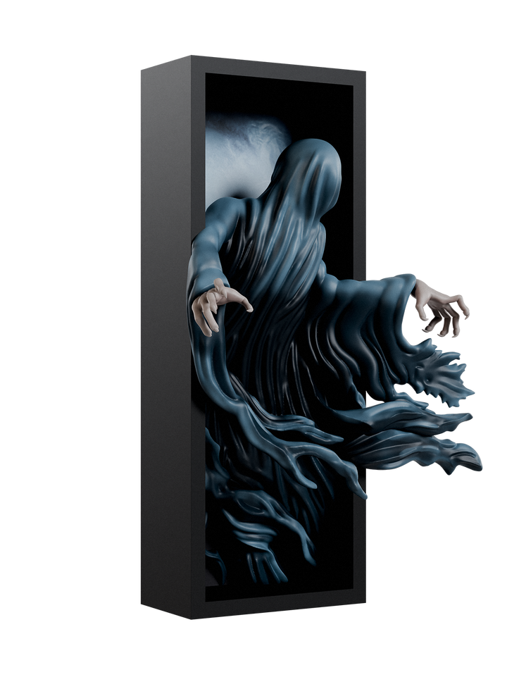 ghostly style figure in a dark, enclosed space with a white background