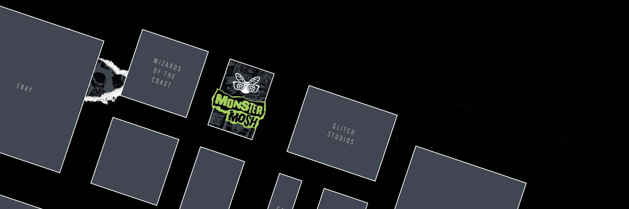 Collection of rectangular panels with text and graphics on a black background