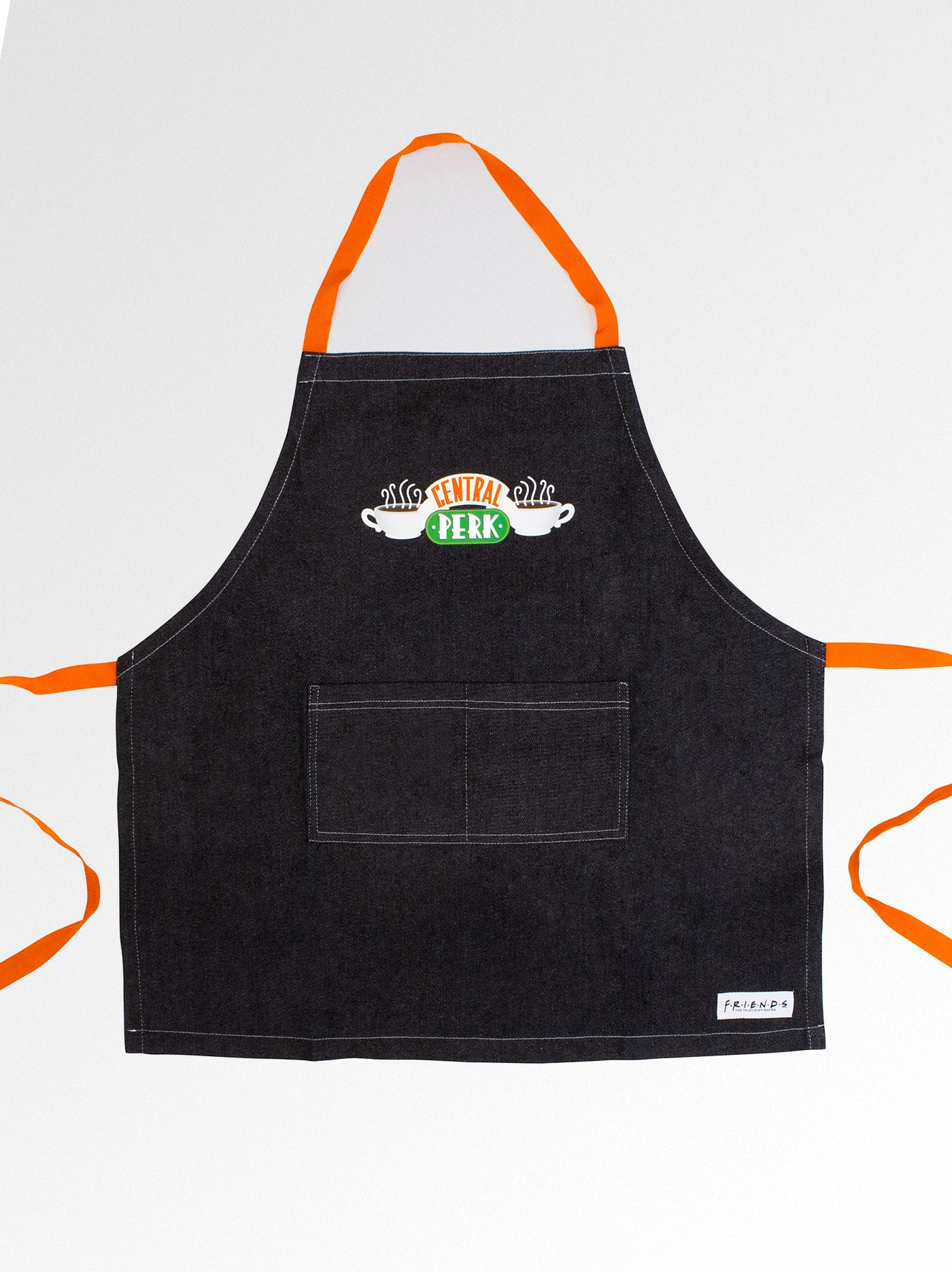 friends apron. adjustable straps on sides and around neck. front pocket. text: central perk