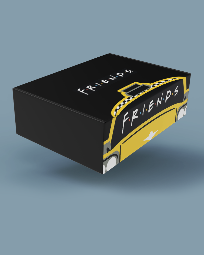 Black and yellow box with 'Friends' branding on a gray background