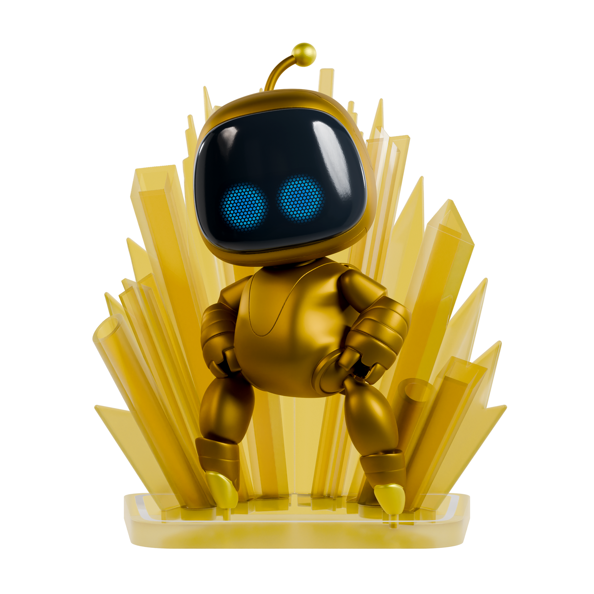Gold robot figurine with blue eyes on a white background