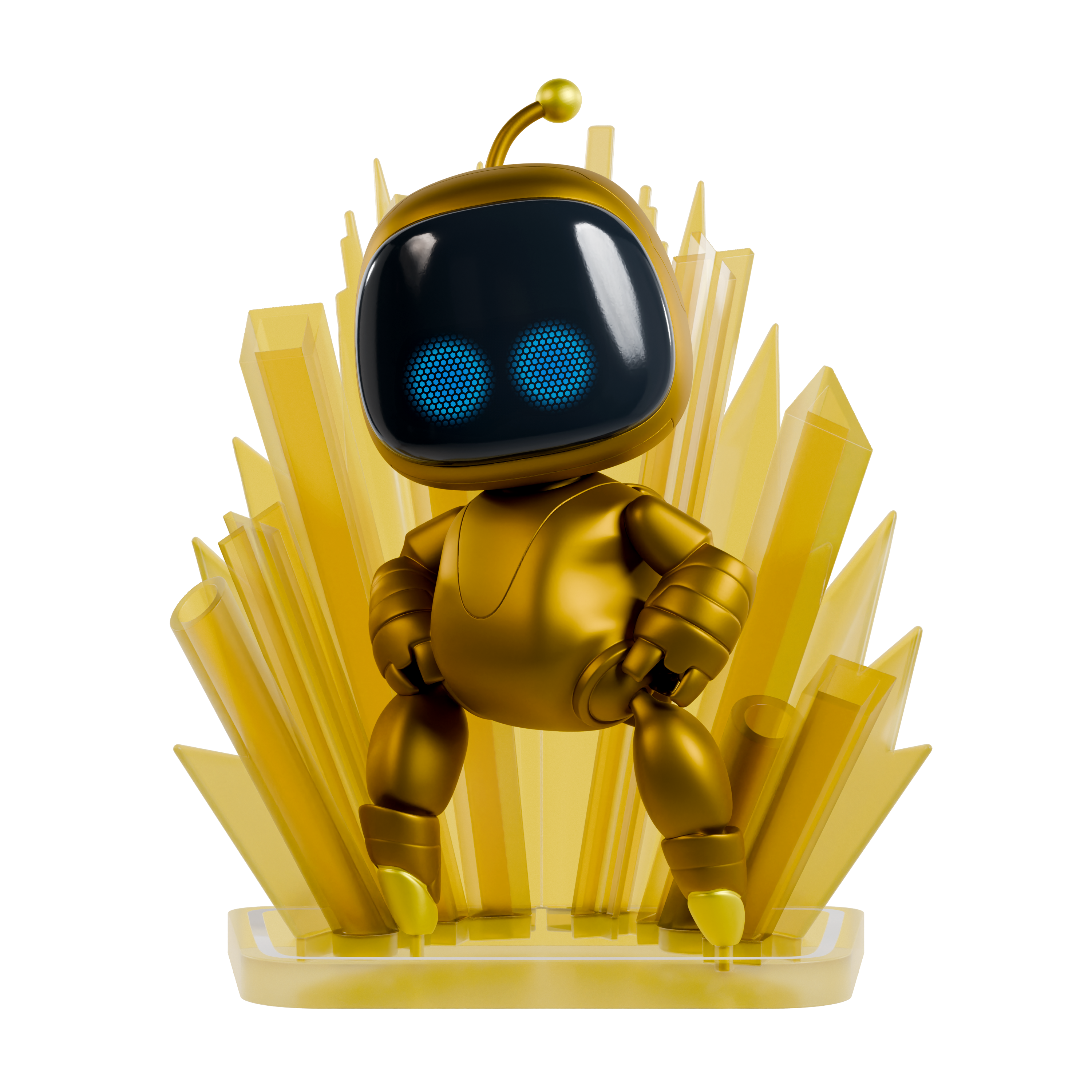 Gold robot figurine with blue eyes on a white background