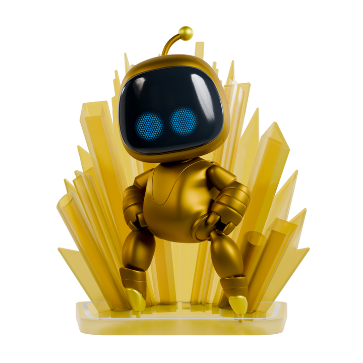 Gold robot figurine with blue eyes on a white background