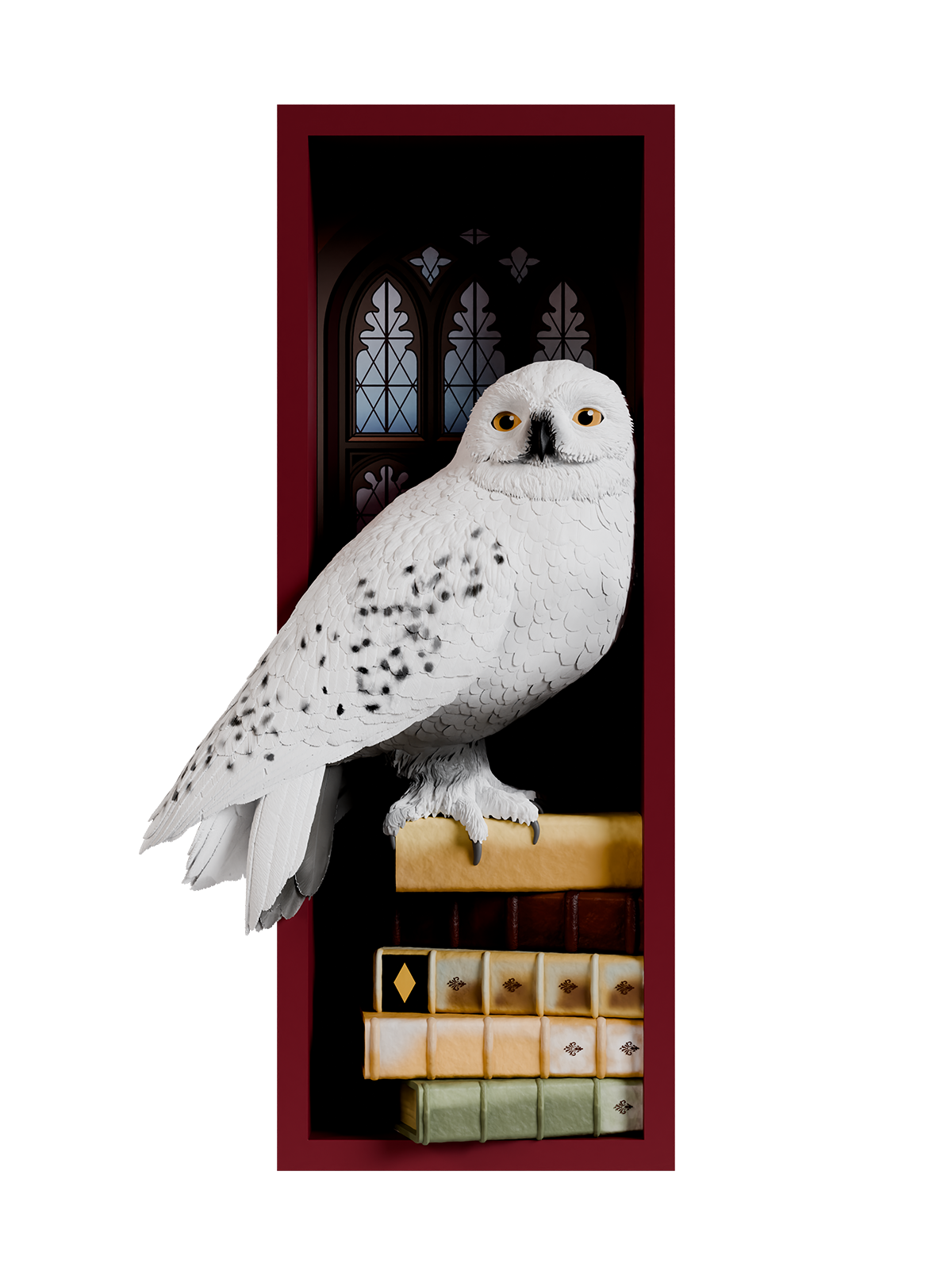 White owl on a stack of books with a dark background