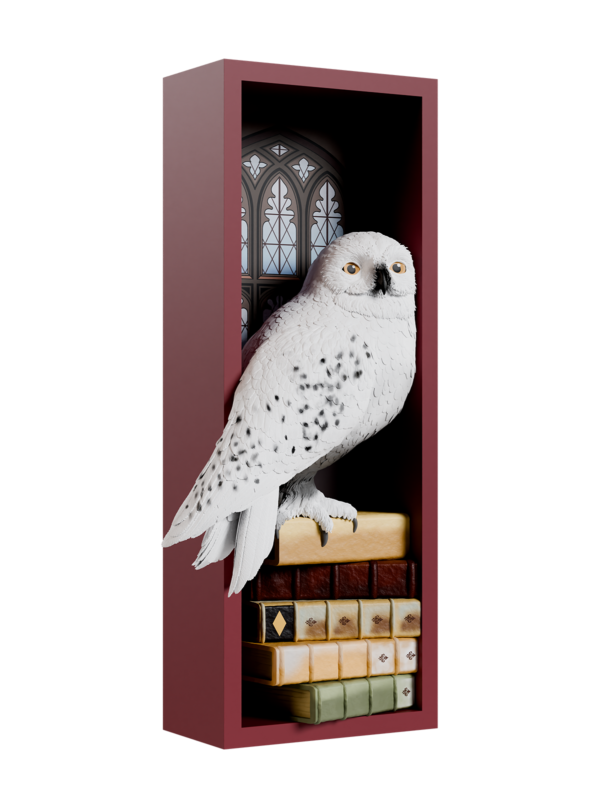 White owl on a stack of books with a dark background