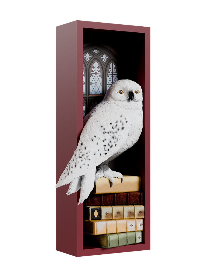 White owl on a stack of books with a dark background