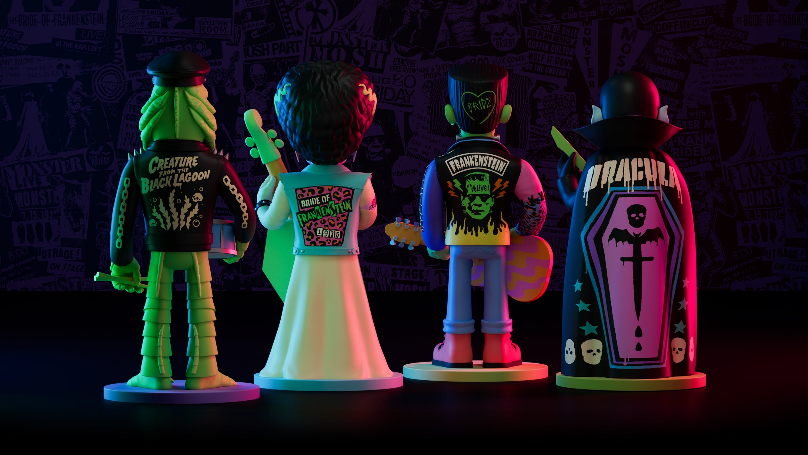 Four colorful action figures with unique designs on a dark background