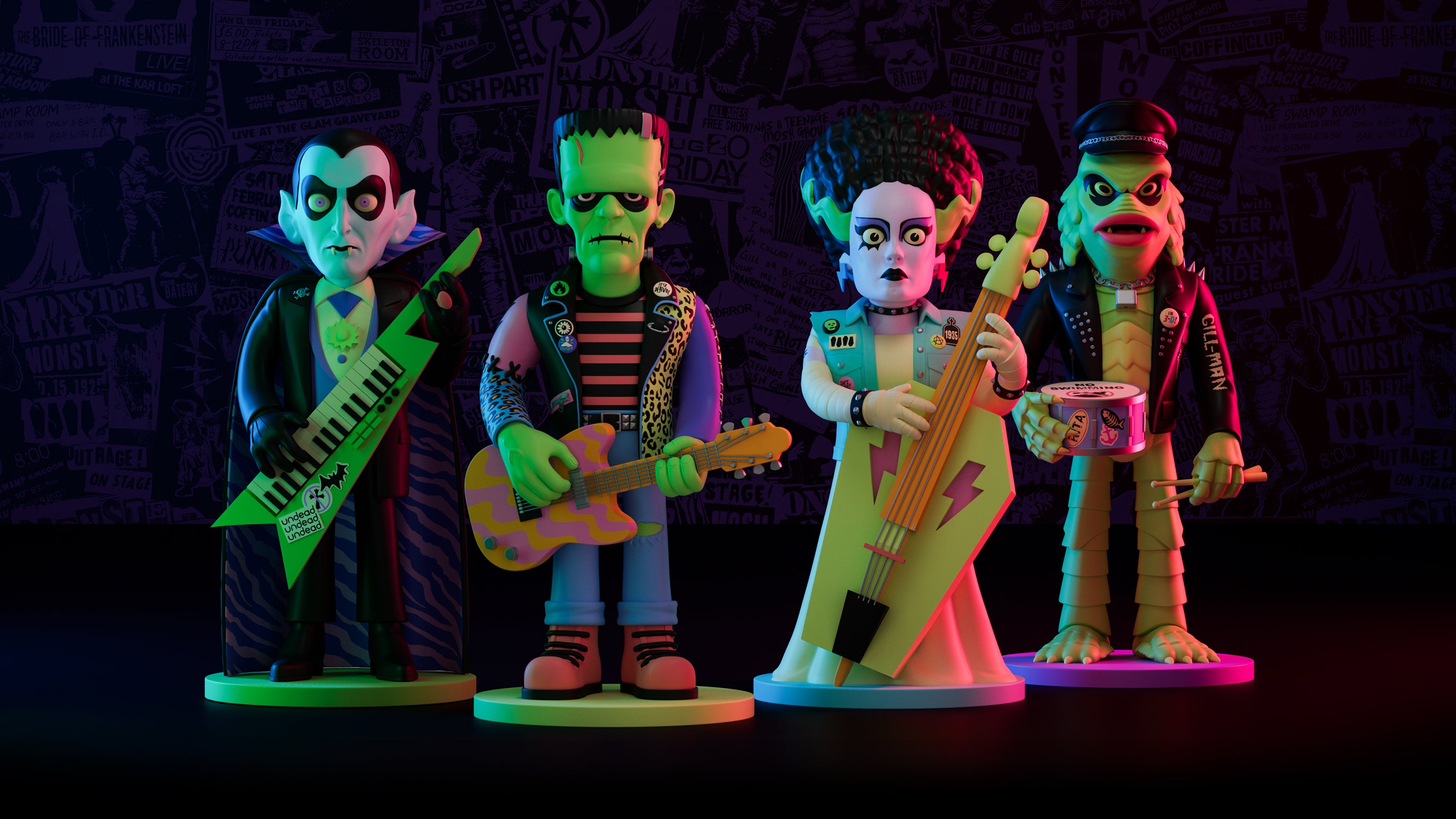 Four animated characters resembling a vampire, Frankenstein's monster, a woman with a microphone, and a mummy playing instruments on a dark background.