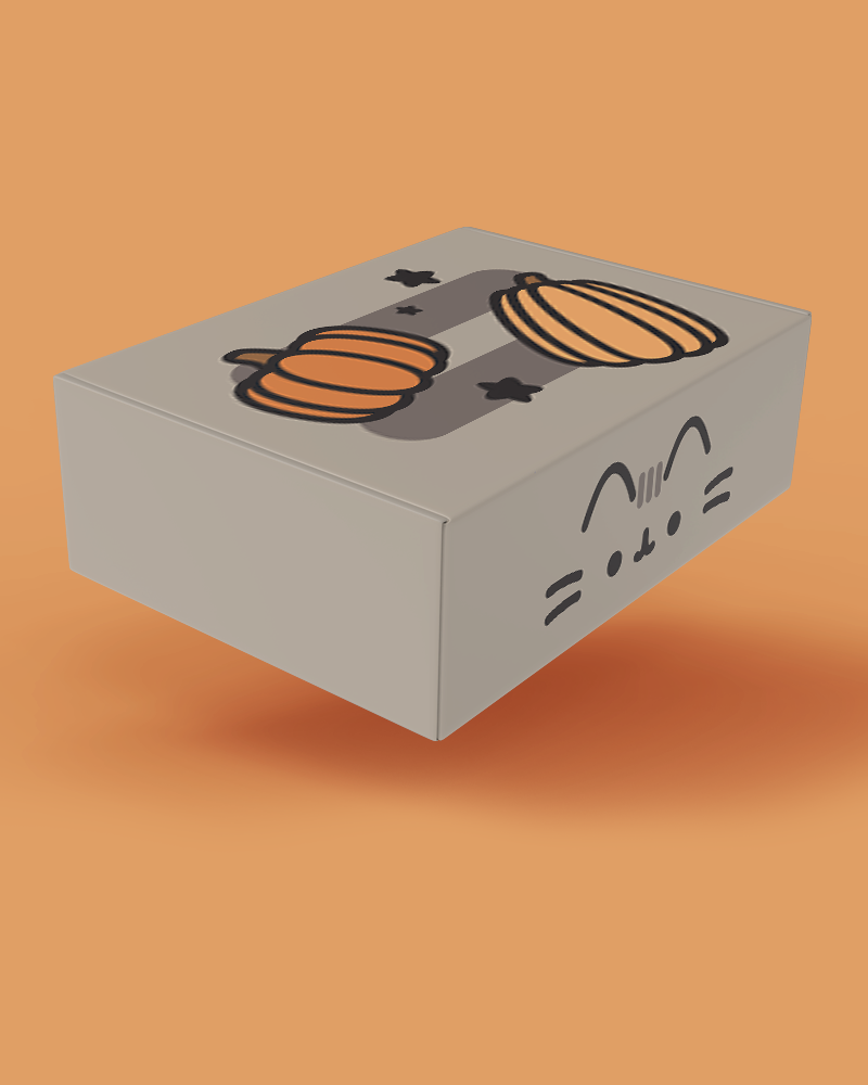 Gray box with cat and pumpkin design on an orange background