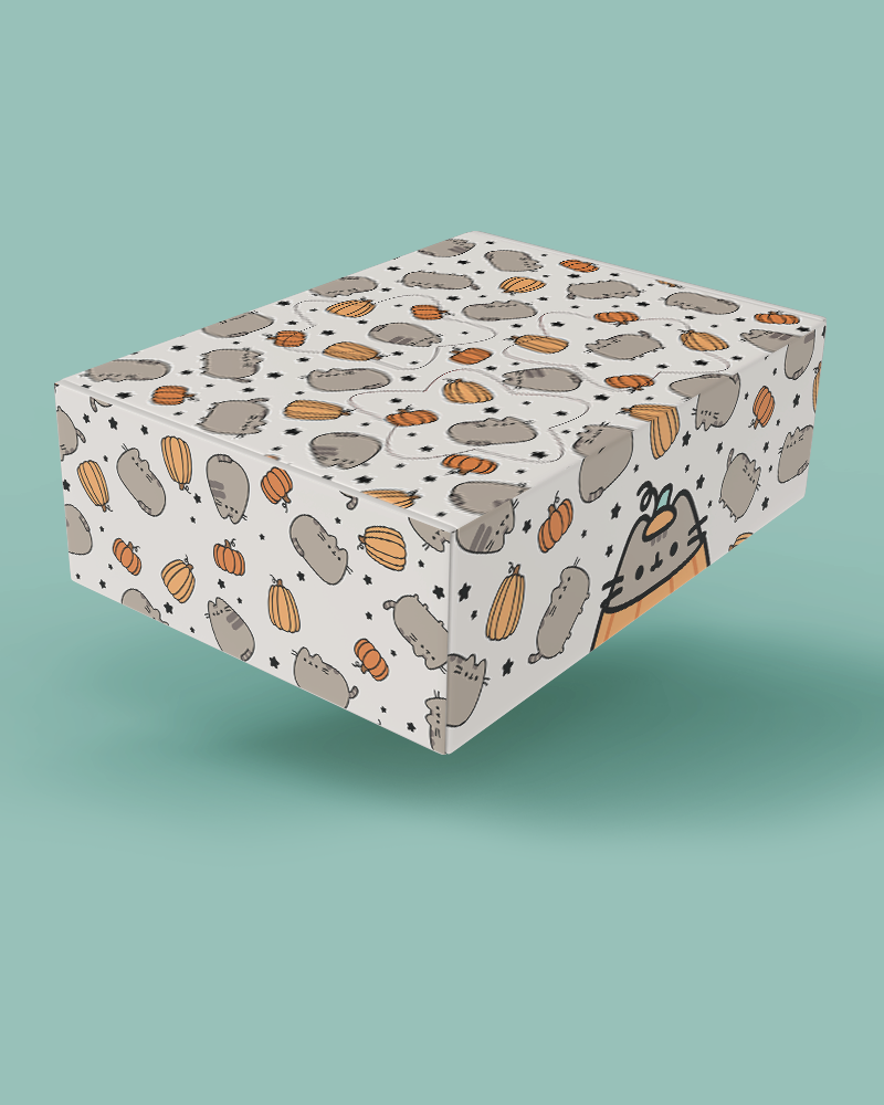 Rectangular box with a pattern of cartoonish animals on a teal background