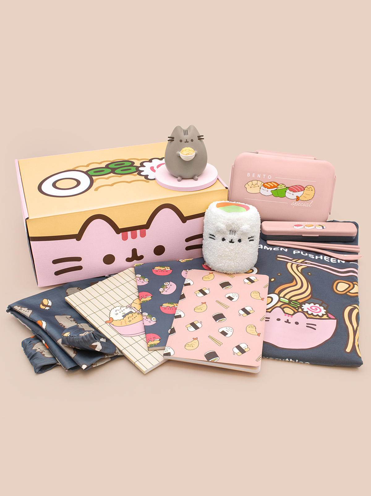 pusheen box spring 2026 pusheen vinyl figure, bento box, chopsticks, mini sushi roll plush, long sleeve shirt, 3 journals, tote bag