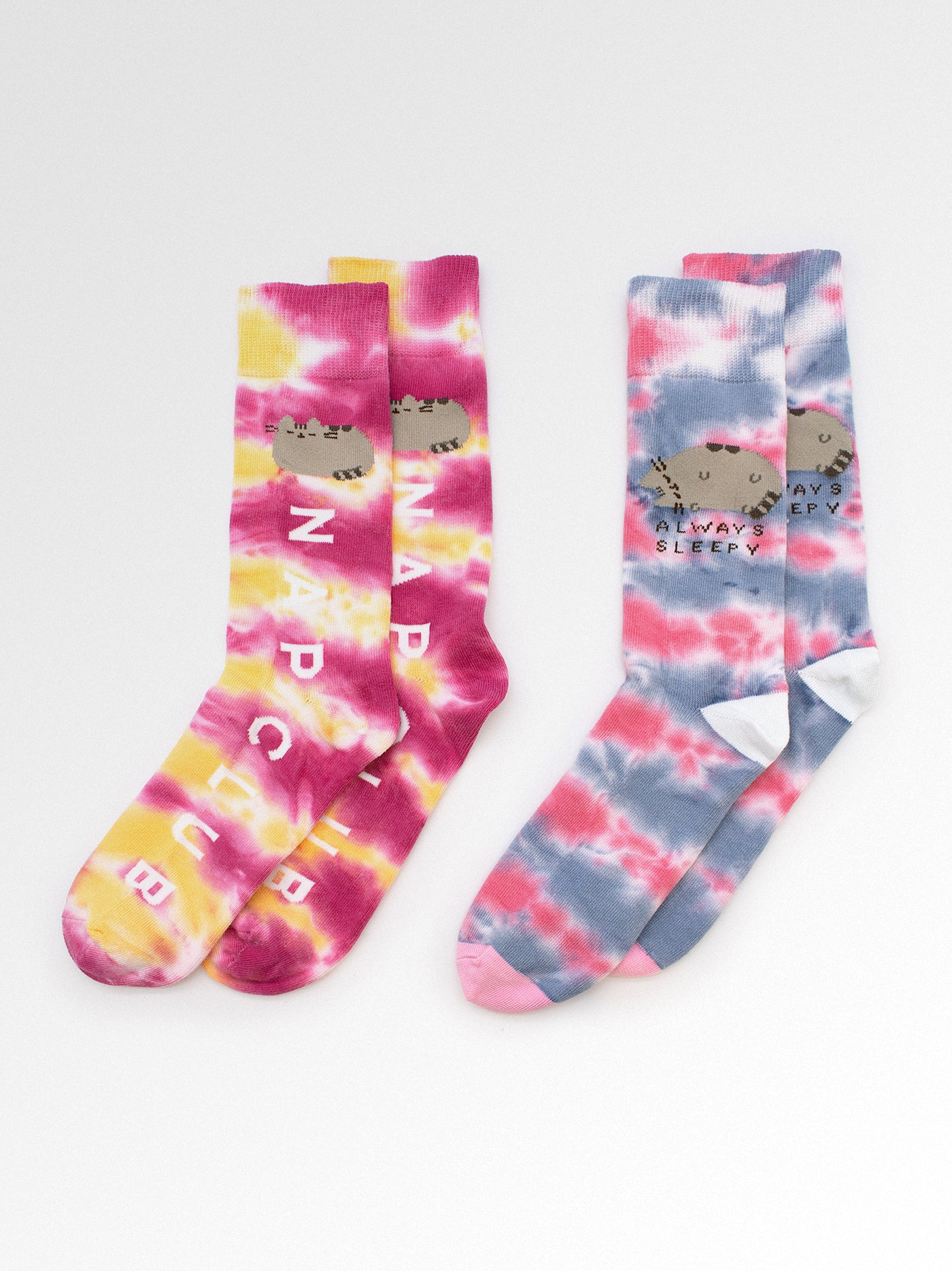 Two tie-dye socks with text on a white background