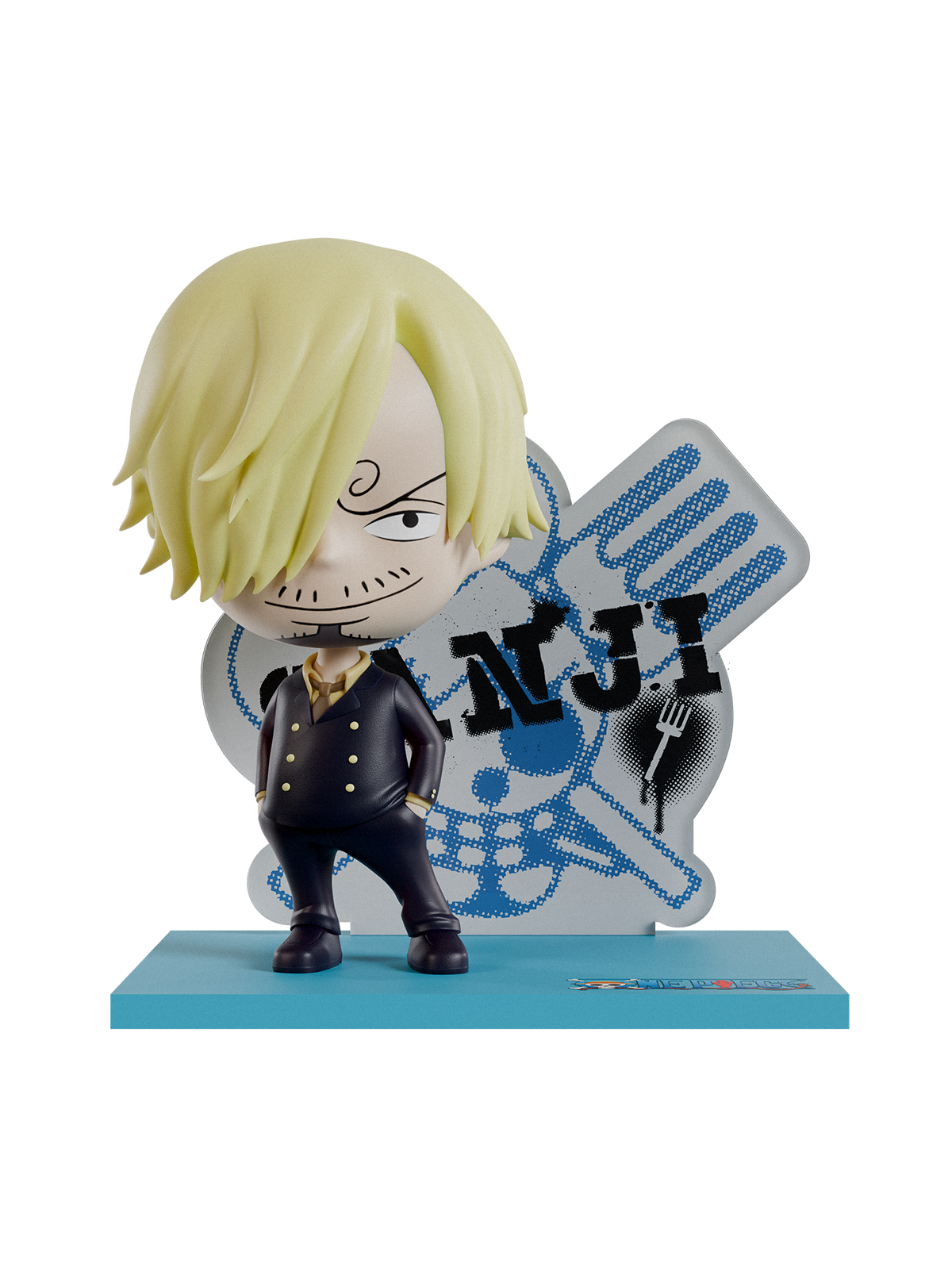 Anime character figurine with blonde hair and on a blue base and white background
