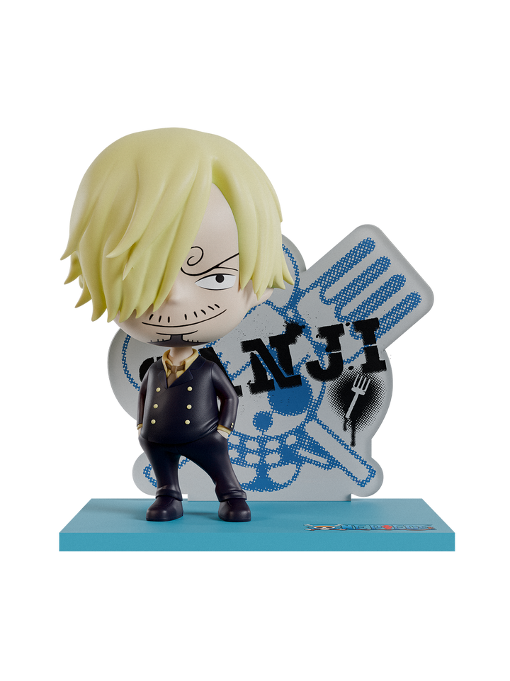 Anime character figurine with blonde hair and on a blue base and white background
