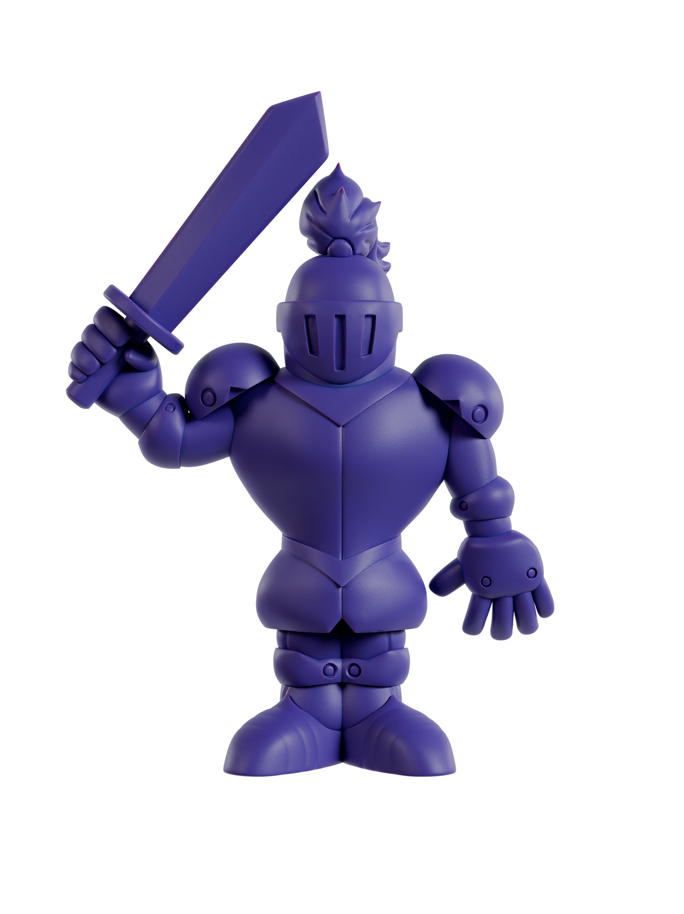Purple action figure of a knight holding a sword on a white background